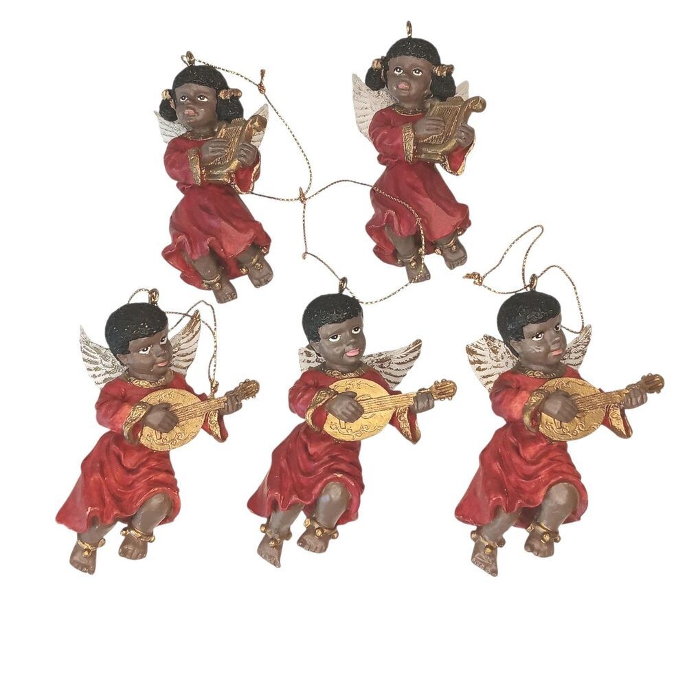 Black African American Angels Christmas Ornaments Red White & Gold Set Of Five